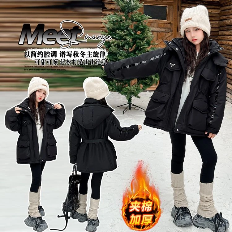 女童加绒加厚派克服外套2024冬季新款洋气棉衣中大童时尚韩版外套