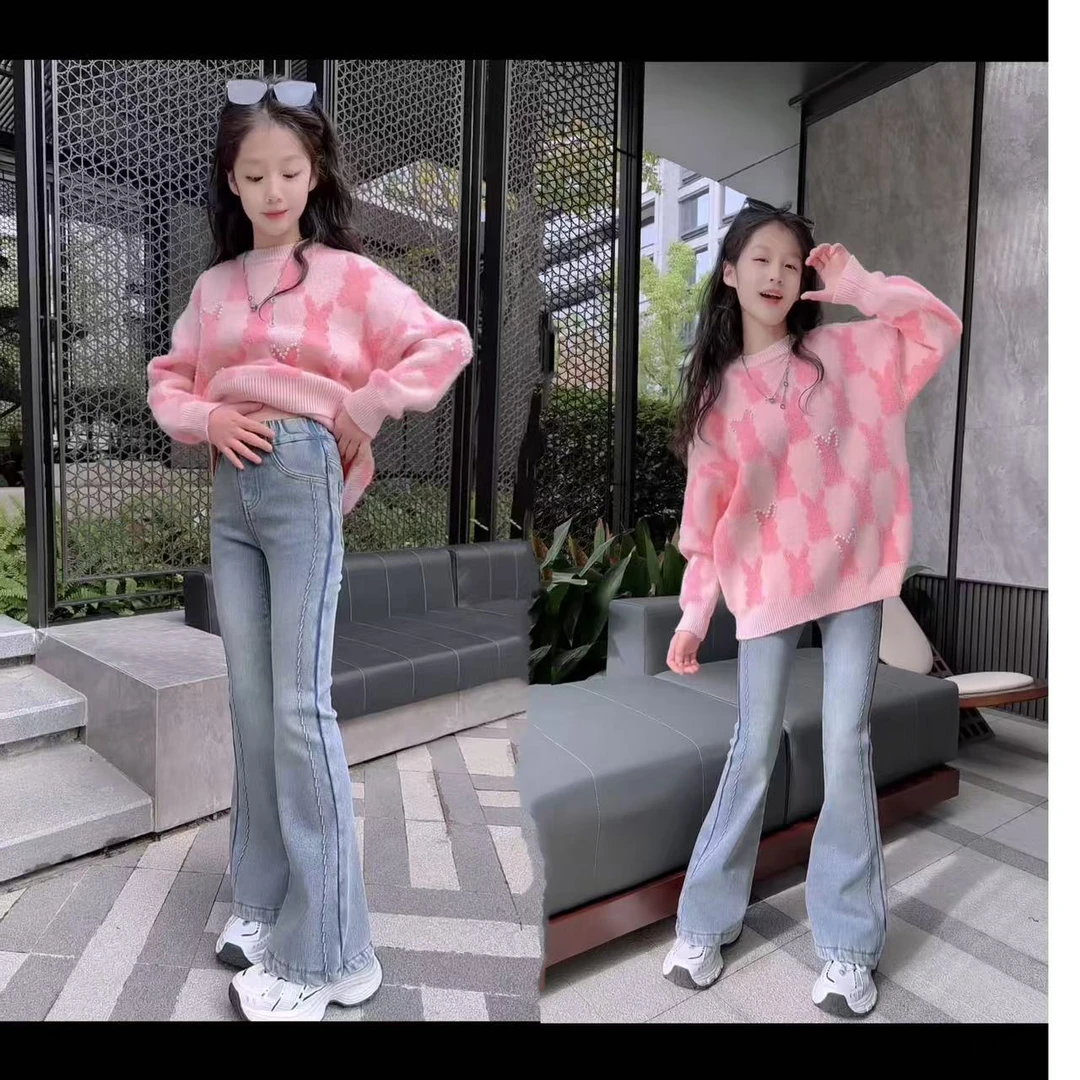 女童毛衣2025新款冬季儿童爆款加厚保暖毛衣中大童牛仔喇叭裤套装