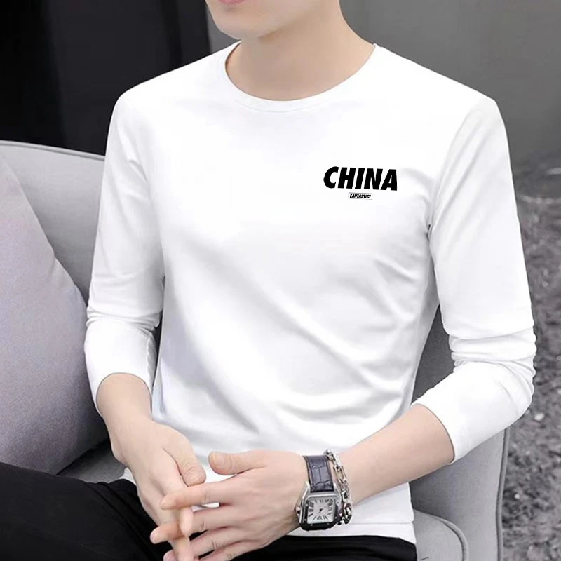 秋冬季长袖t恤男士百搭印花秋衣打底衫男T黑色圆领韩版修身中青年