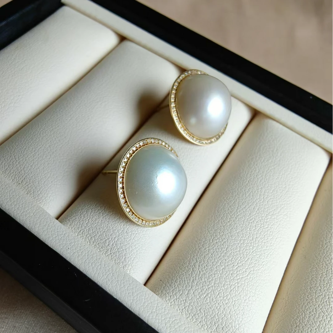 海水马贝珍珠18k镶嵌马贝镶钻耳钉百搭简约