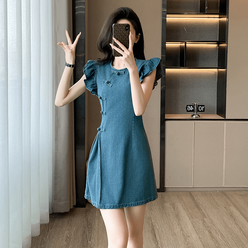 夏新款新中式小个子盘扣小飞袖圆领显瘦少女感水洗牛仔背心裙