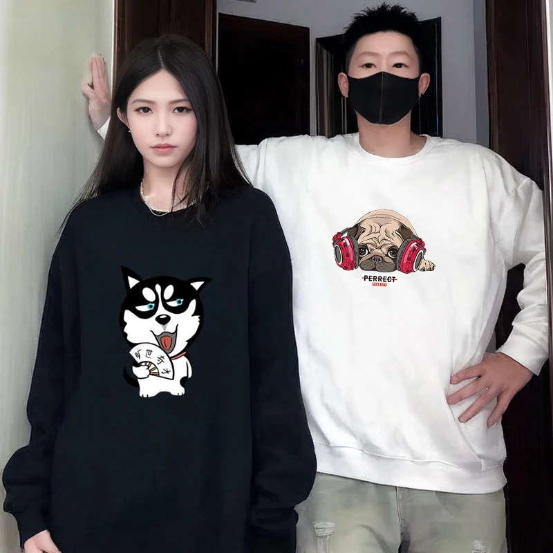 小猫小狗日记情侣装圆领卫衣2023秋冬季加绒潮流外套男女上衣大码