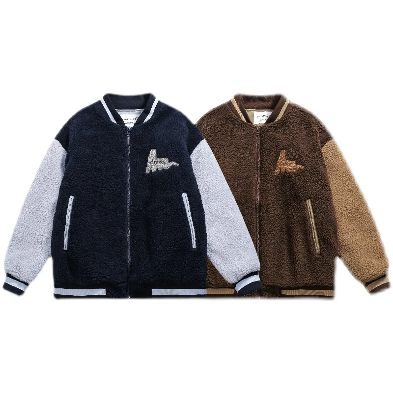 ME9253 复古拼接羔羔毛棒球服棉衣潮牌潮流加厚保暖棉服