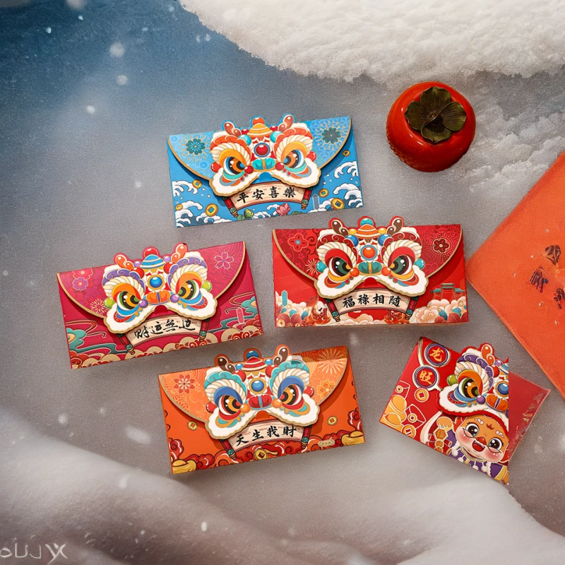 新年新款压岁钱醒狮创意卡通国潮红包春节2024龙年新品利是封批发
