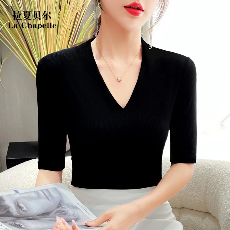拉夏贝尔黑色V领t恤女中袖修身显瘦2025年春夏新款性感打底衫百搭