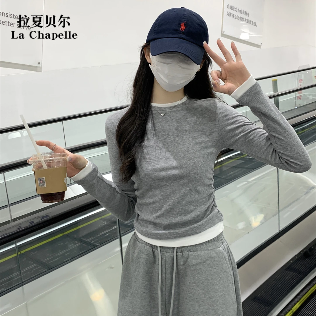 拉夏贝尔显瘦假两件长袖上衣2025春秋新款内搭撞色收腰短款T恤衫