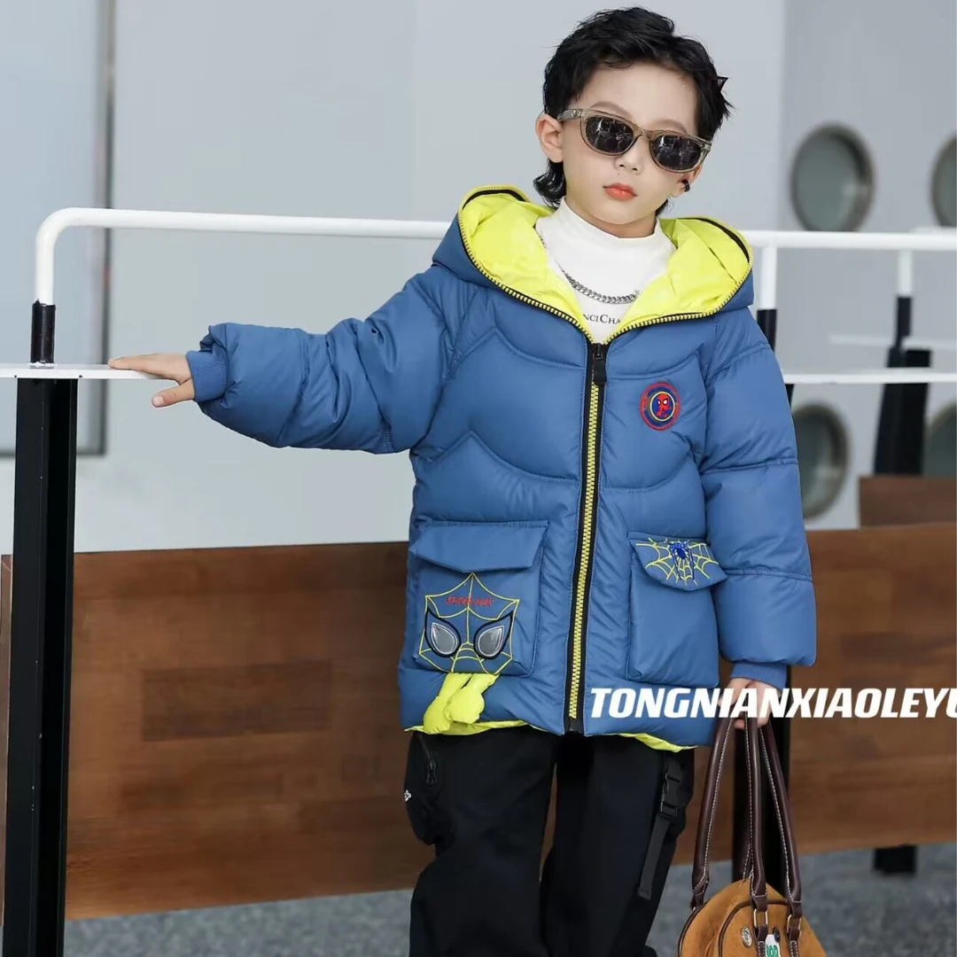 男童棉服2024冬季免洗面料加绒加厚潮流时尚宝宝连帽卡通中小童款