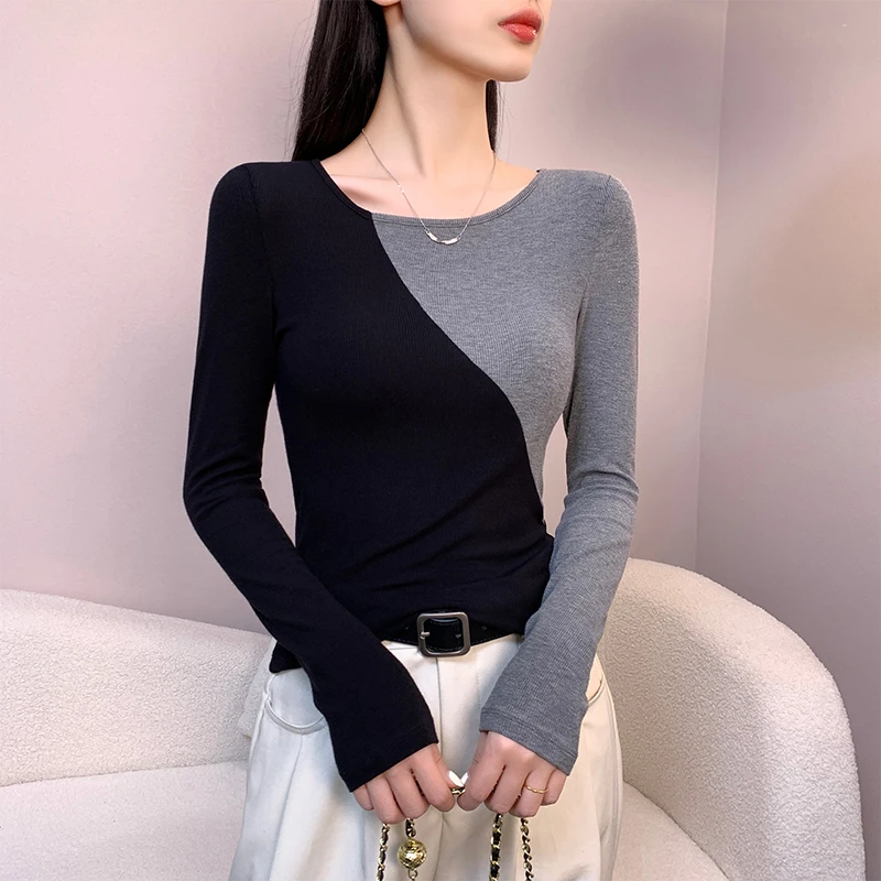 螺纹斜领拼接撞色打底衫女秋冬修身长袖内搭设计感上衣2024新款