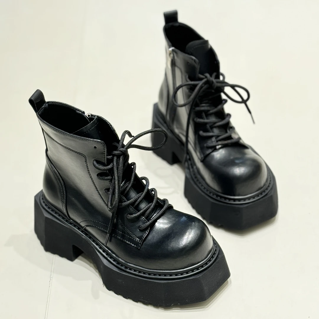 7566(7cm）真皮马丁女厚底大头女靴秋冬新款复古松糕休闲机车短靴