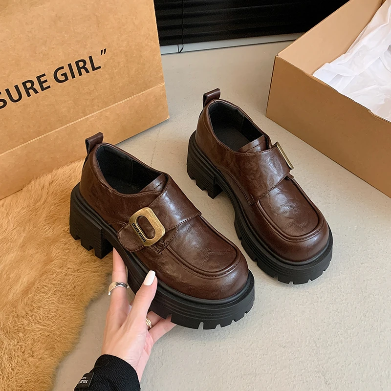 四季百搭7cm真皮厚底英伦玛丽珍乐福单鞋粗跟复古鞋子女款圆头