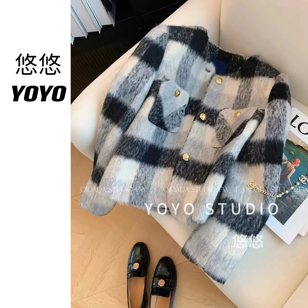 韩系复古条纹格外套女2024秋冬小香风百搭宽松夹克开衫外套T291