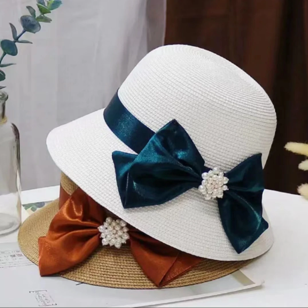 优雅气质渔夫帽子女夏季薄款编制草帽韩版百搭遮阳帽盆帽小礼帽
