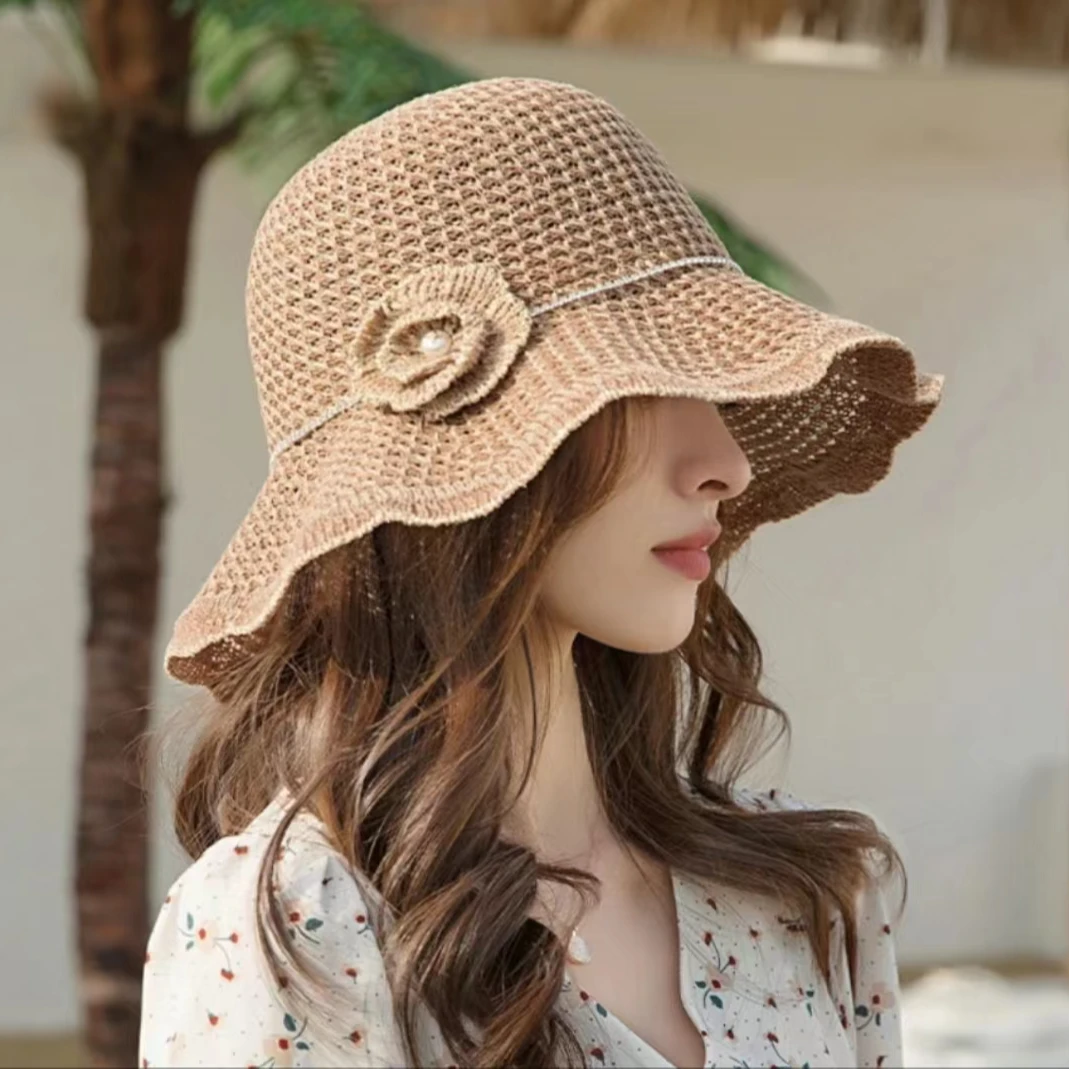 中老年女士波浪边花朵镂空透气遮阳渔夫帽子春夏新款可折叠太阳帽