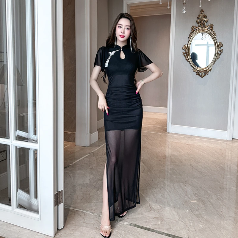 新中式改良包臀黑色连衣裙女款爆款显瘦气质长裙晚宴修身团体时尚
