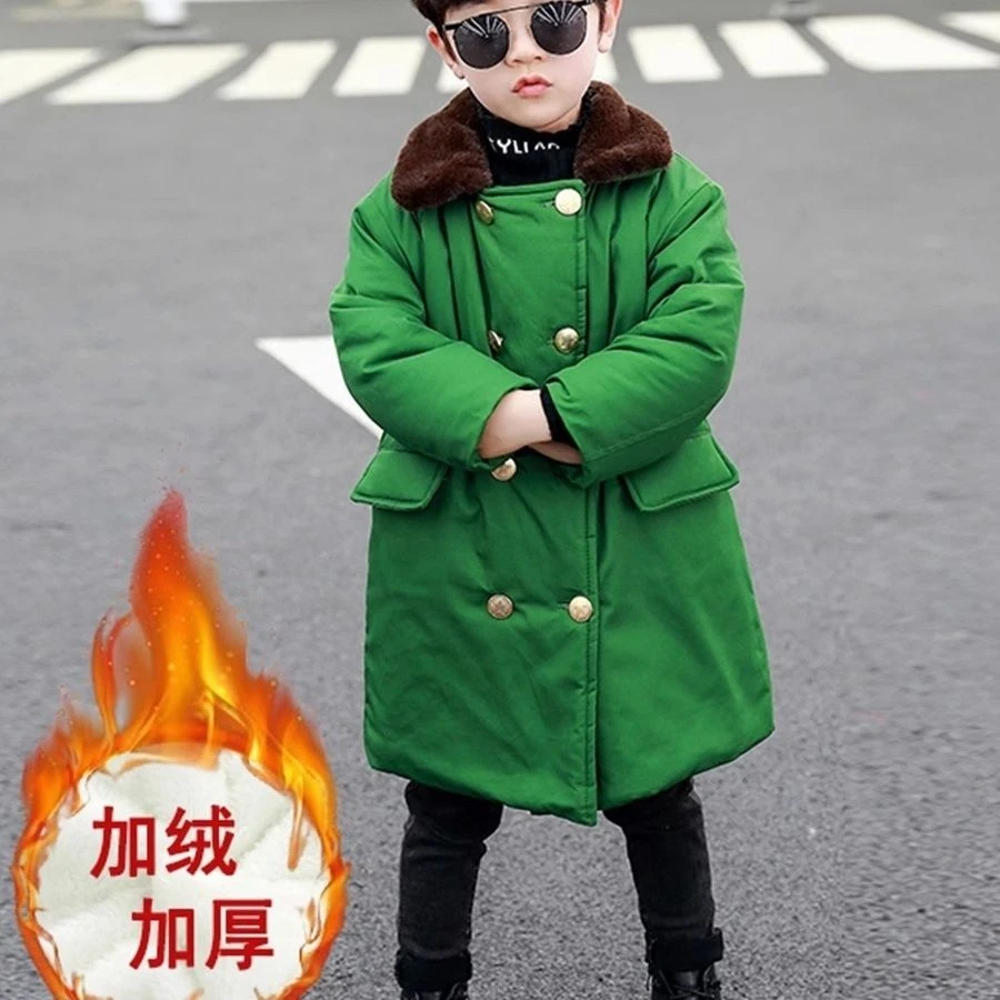 儿童军棉大衣绿色长款加绒保暖棉衣小孩宝宝男女童老式东北大棉袄