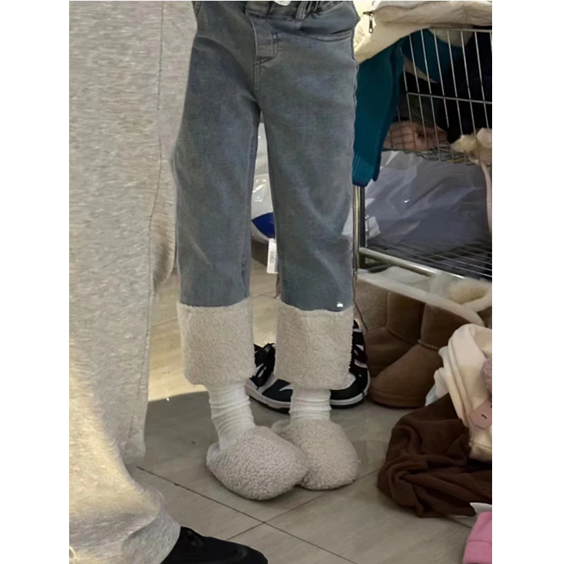 女童加绒牛仔裤秋冬最新款洋气加绒加厚一体绒长裤外穿