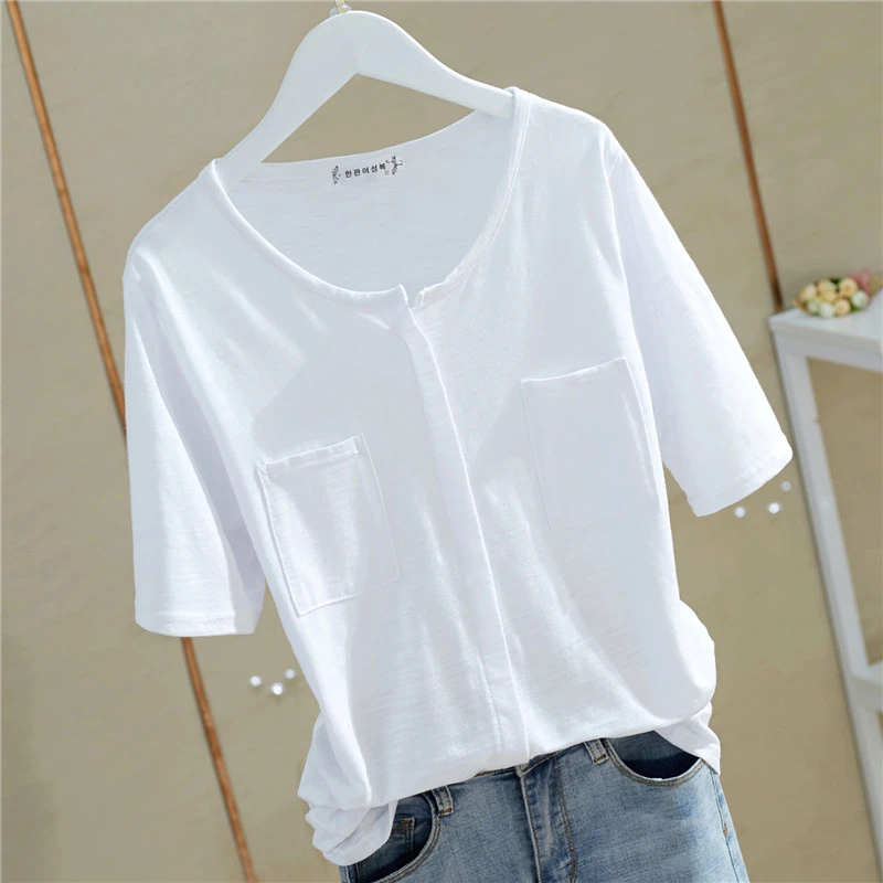 设计短袖T恤女夏ins洋气竹节棉韩版纯棉v领宽松纯白色上衣打底衫