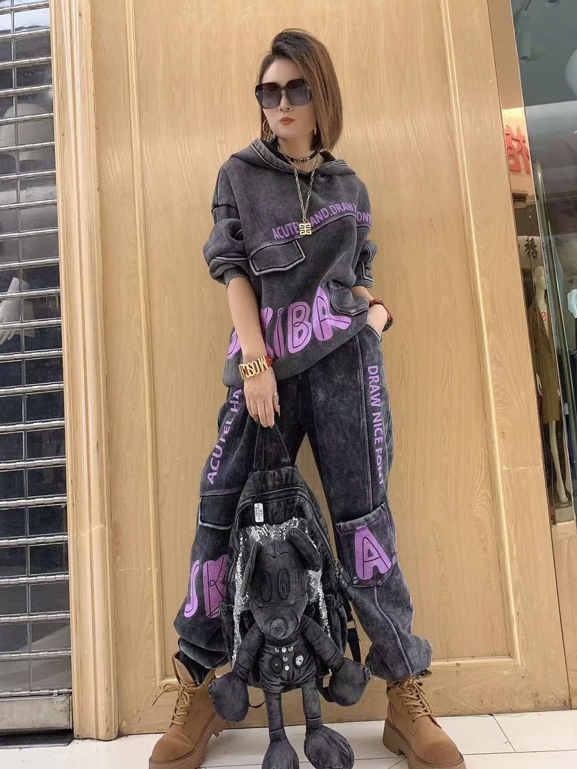 欧韩潮牌1586紫色加绒加厚套装