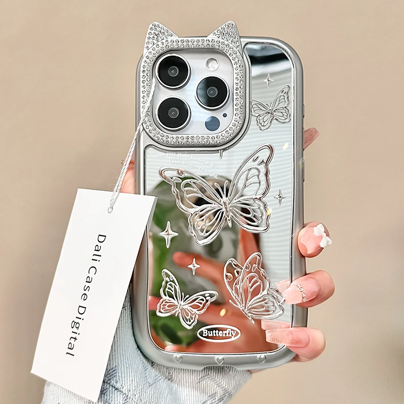 苹果15手机壳iPhone14电镀蝴蝶13简约女生爆款高级镜面猫耳朵全包