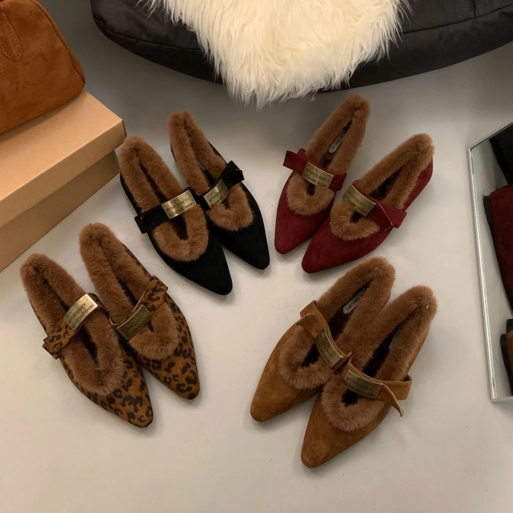 加绒玛丽珍女鞋尖头单鞋女2025秋冬新款内增高软底鞋平底鞋毛毛鞋