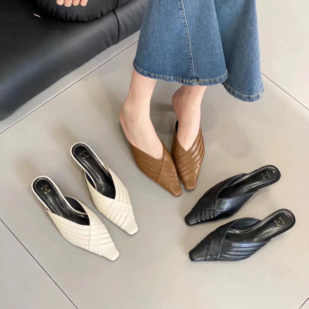 仙女风女鞋2024春夏韩国东大门新款褶皱凉拖鞋低跟包头半拖938-13