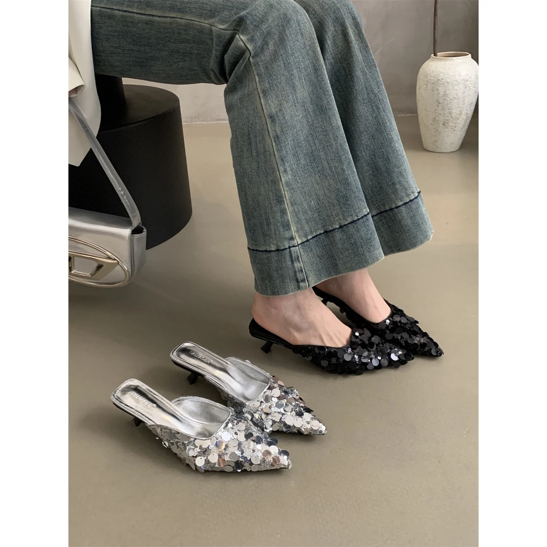 法式银色亮片闪闪小猫跟单鞋女2024春夏新款韩版气质晚风尖头凉拖