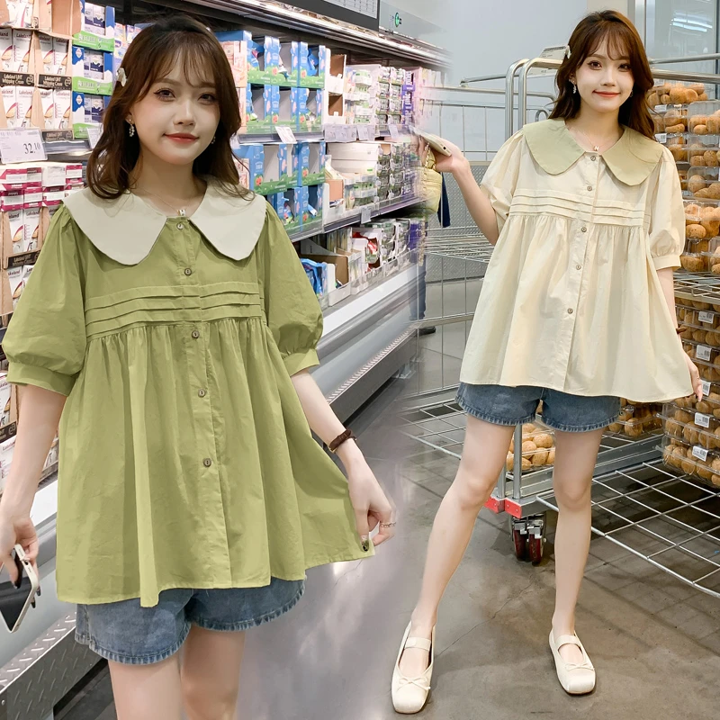 孕妇装夏装上衣中长款潮妈时尚简约小清新宽松遮肚显瘦娃娃领衬衫