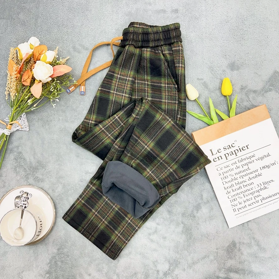 2025冬款毛呢加绒保暖格子裤 复古风洋气显瘦百搭宽松格子休闲裤