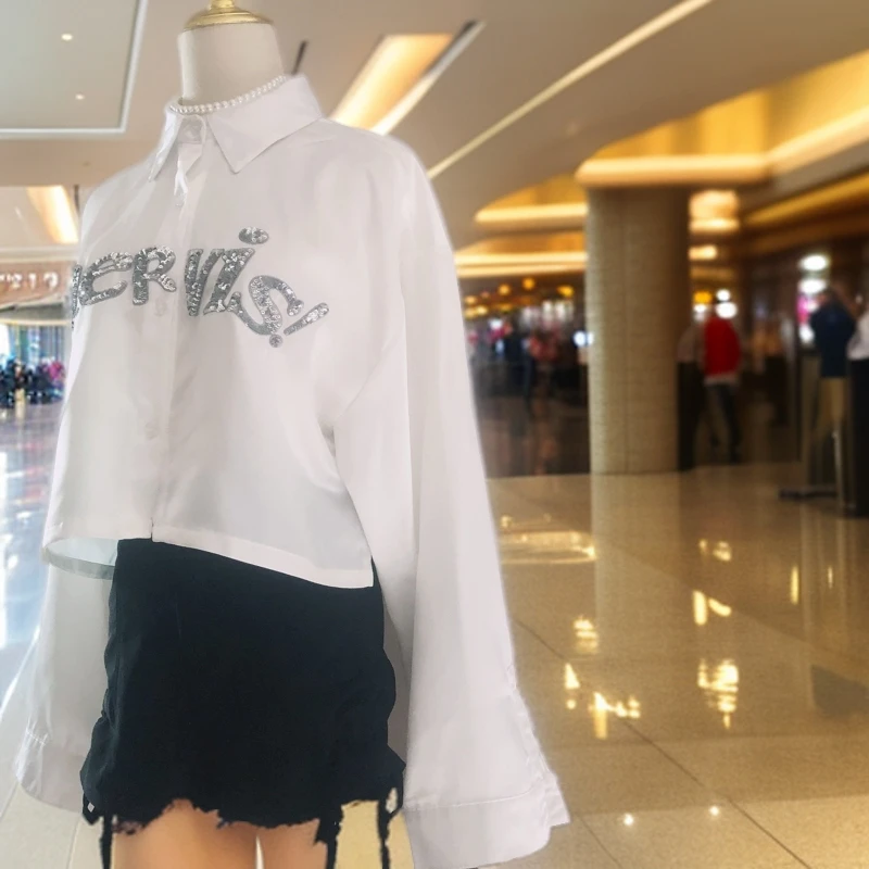 时尚百搭亮片刺绣短衬衫气质白色时尚小众显瘦女款