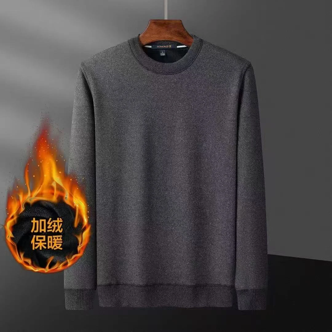 H冬季加绒加厚圆领套头男士保暖卫衣自发热针织弹力纯色打底衫