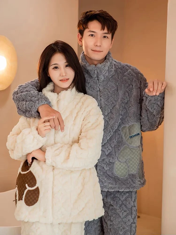 2023冬季情侣新款加绒加厚法兰绒保暖家居服可外穿毛绒家居服冬天