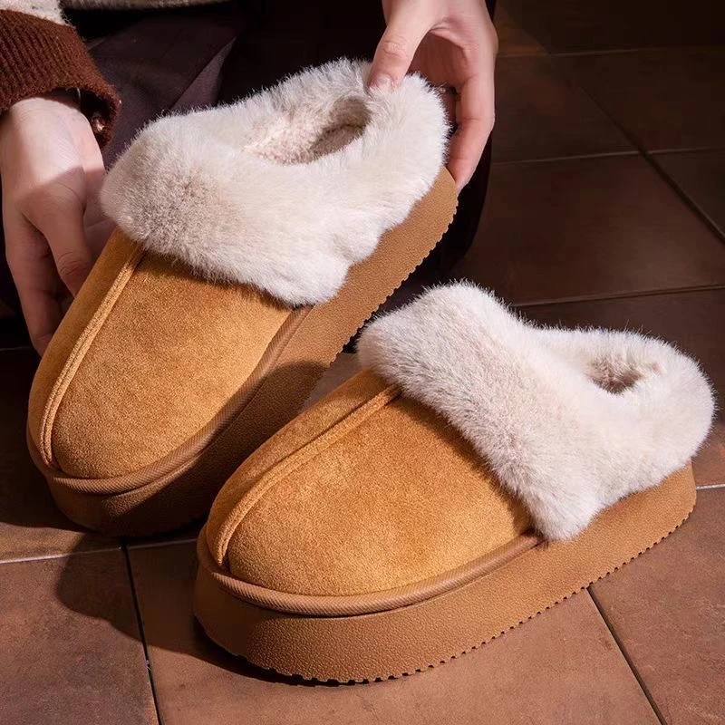 美拉德色棉拖鞋女厚底情侣保暖加绒防滑耐脏居家室内拖鞋男冬
