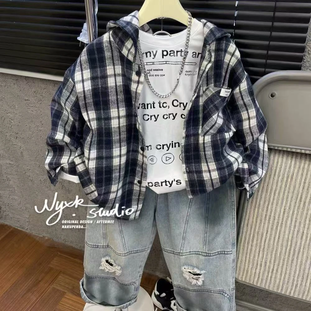 男童秋装儿童春秋款韩版潮流格子设计休闲中大童宽松衬衫连帽外套