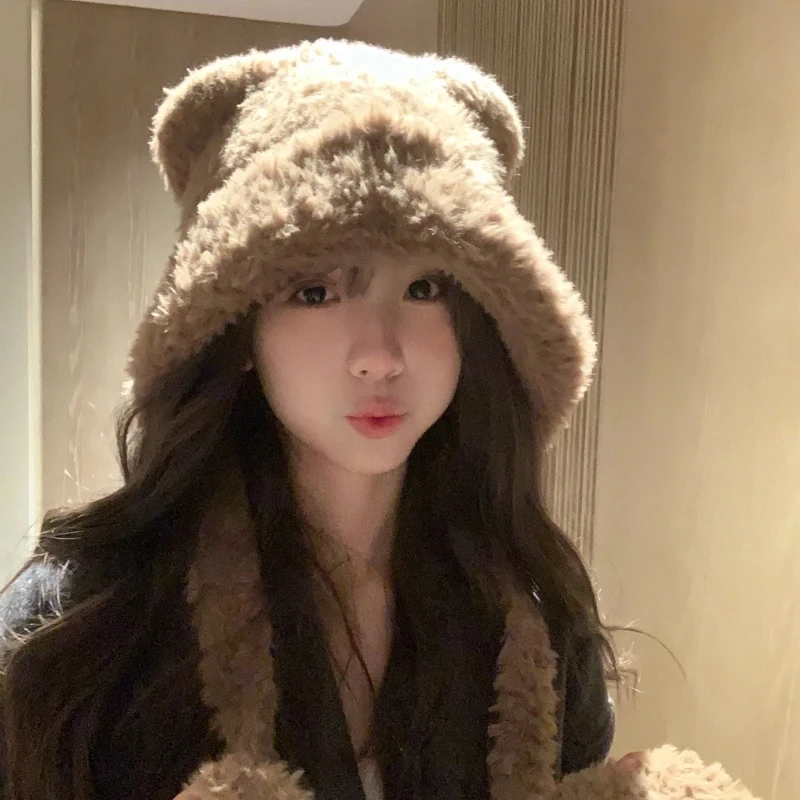 帽子女2024新款秋冬可爱毛绒绒小熊耳朵帽子保暖护耳大头围包头帽