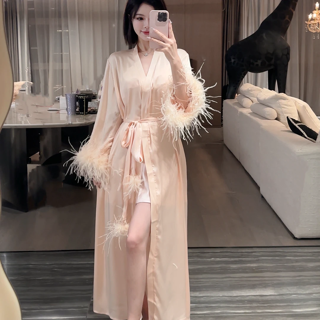 仙女款设计师轻奢睡袍夏季纯欲风毛毛女士长款家居服