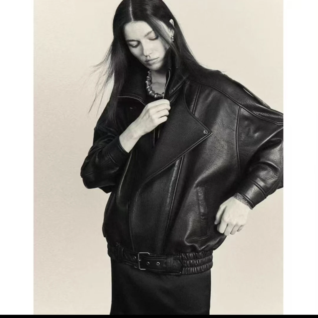 秋冬进口小山羊重工真皮皮衣女款外套廓形羊腿袖复古皮衣外套女