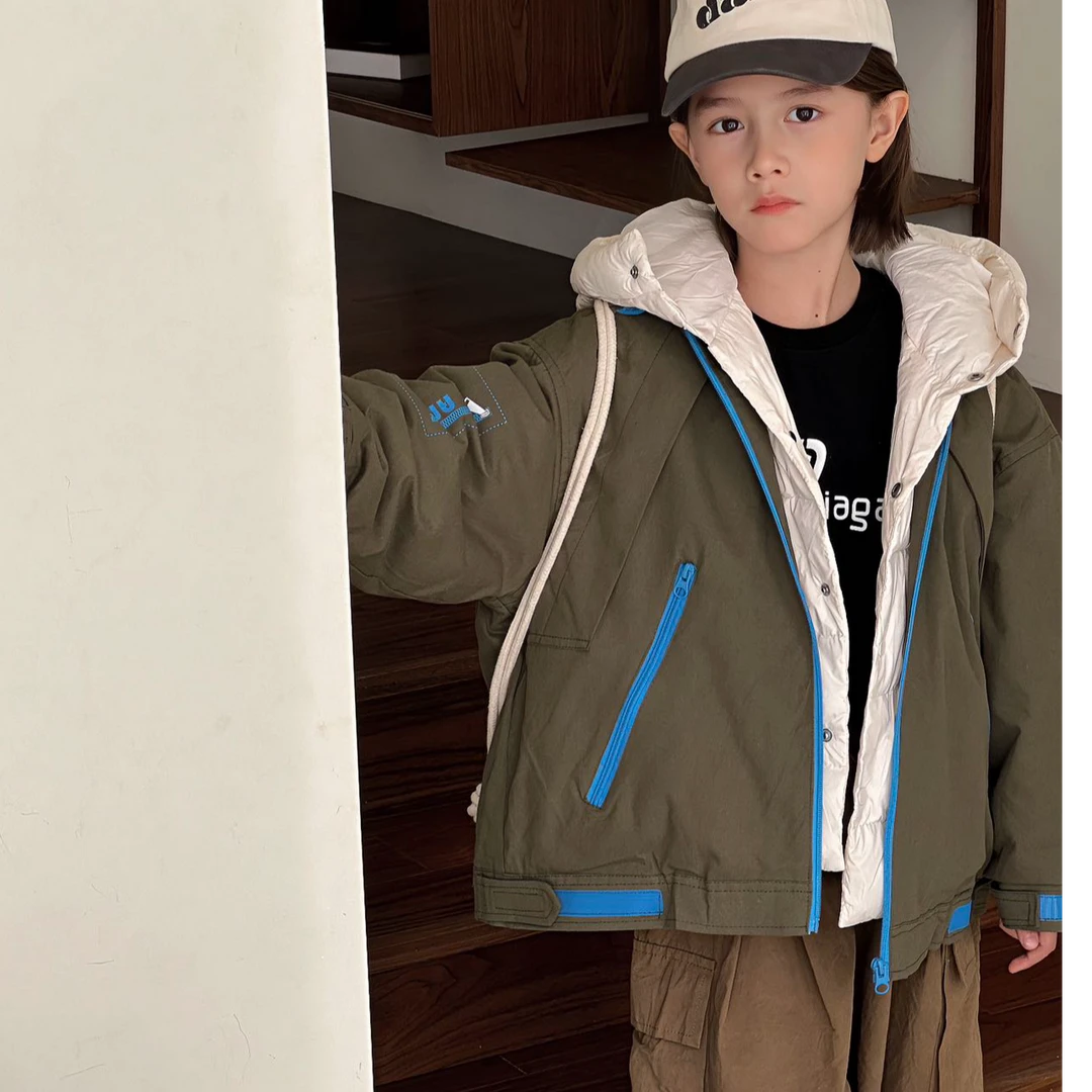秋冬季童装新款韩版连帽加厚假两件休闲洋气儿童羽绒服