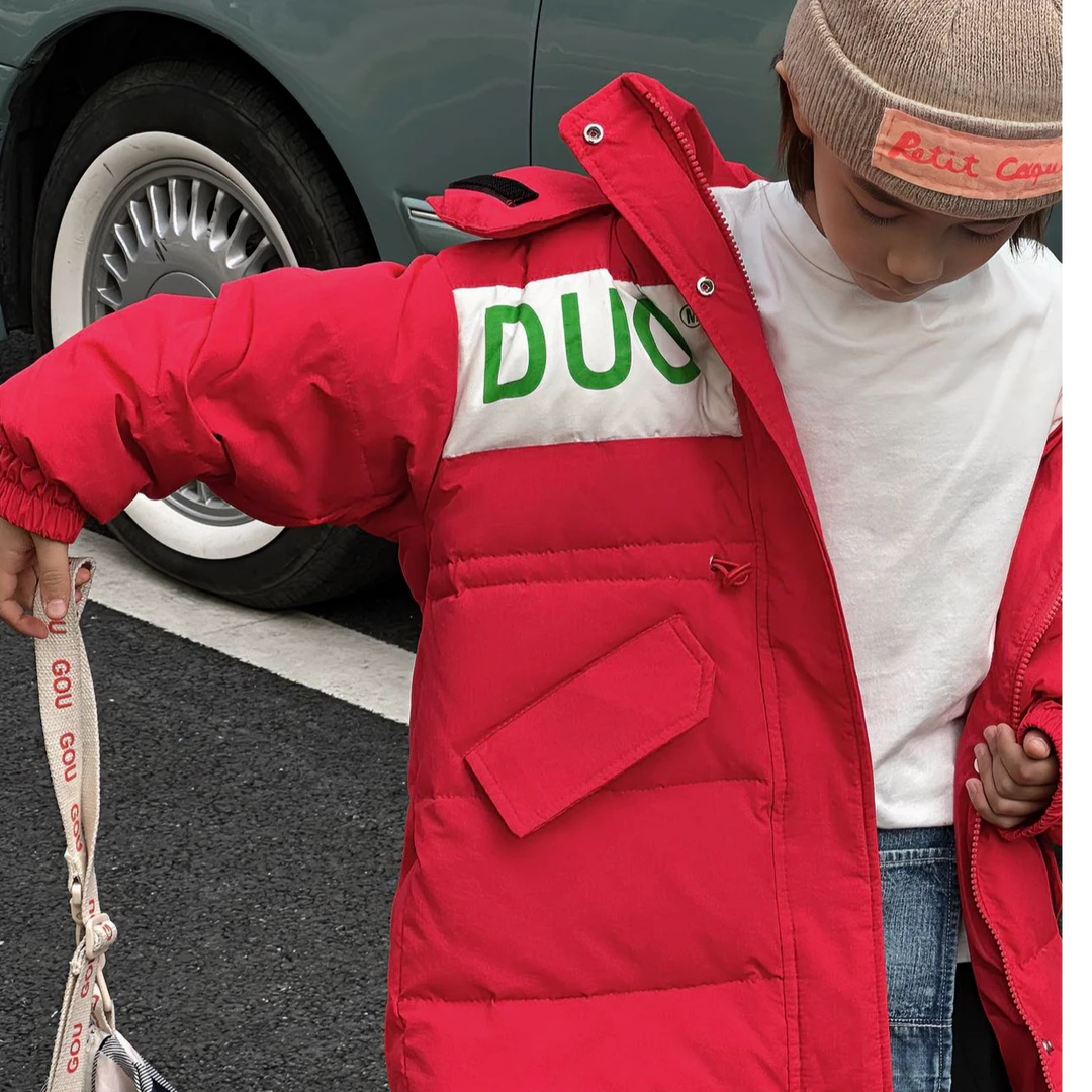 儿童中长款休闲连帽加厚字母印花羽绒服秋冬羽绒服