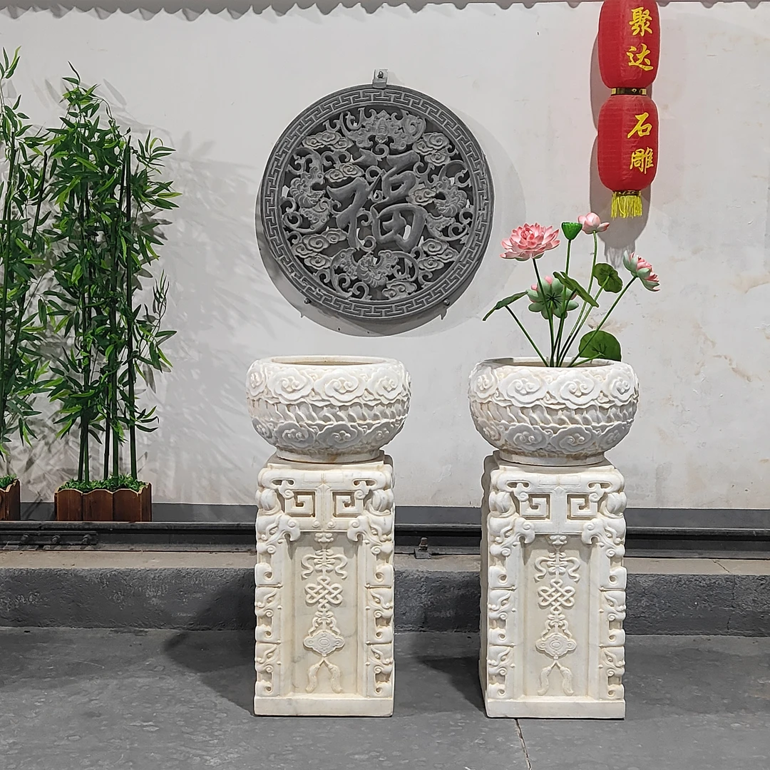 （聚达精选）祥云石盆花架石几石缸，汉白玉复古，包邮不含卸货和摆放