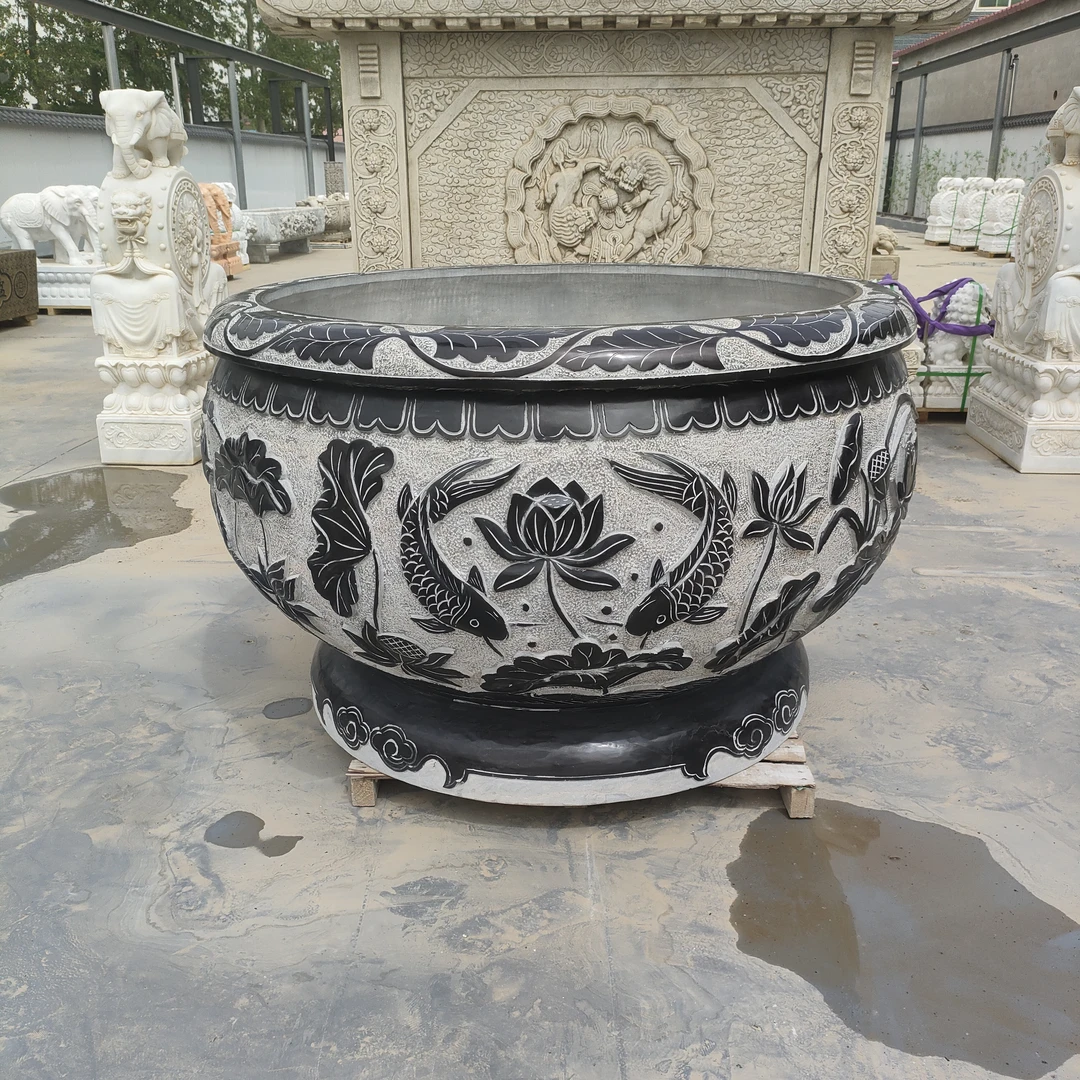 荷花鲤鱼手工石缸门海，天然青石整石雕刻包邮，不含卸车和摆放手工