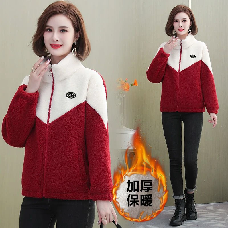 中老年女宽松舒适保暖加绒时尚颗粒绒上衣女韩版大码女士百搭卫衣