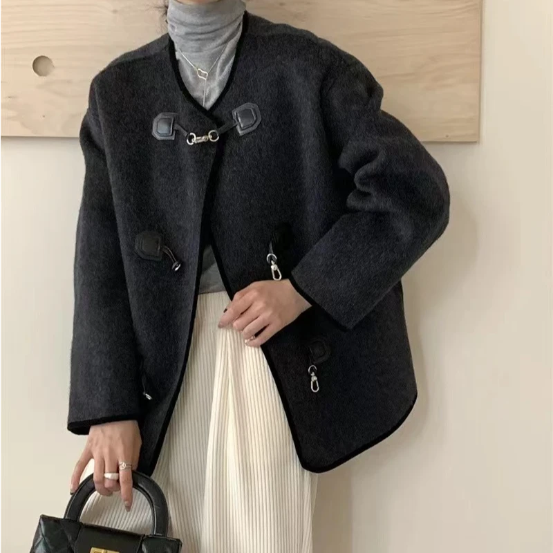2024新款秋冬系带黑边双面尼外套百搭休闲