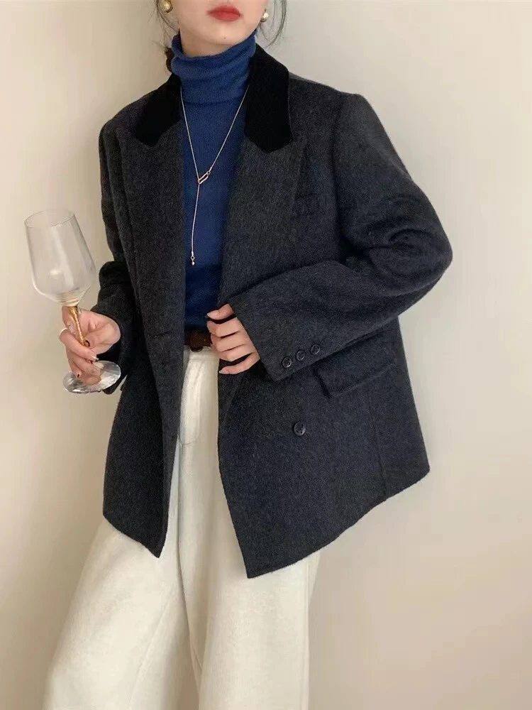 2024最新款拼接撞色百搭西装领两排扣双面毛呢外套秋冬款