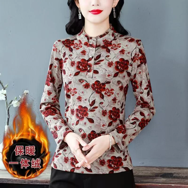 秋冬新款加绒加厚保暖洋气打底T恤小衫中老年显瘦女士长袖上衣女