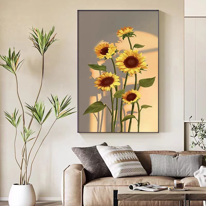 向日葵 现代简约餐厅挂画清新植物砂岩画房间入门网红ins装饰画