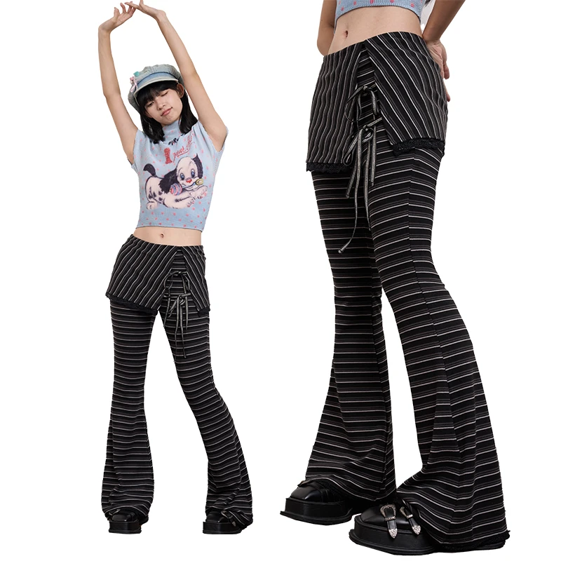 MOF礼物商店 2024秋冬黑色条纹搭片蕾丝针织喇叭裤