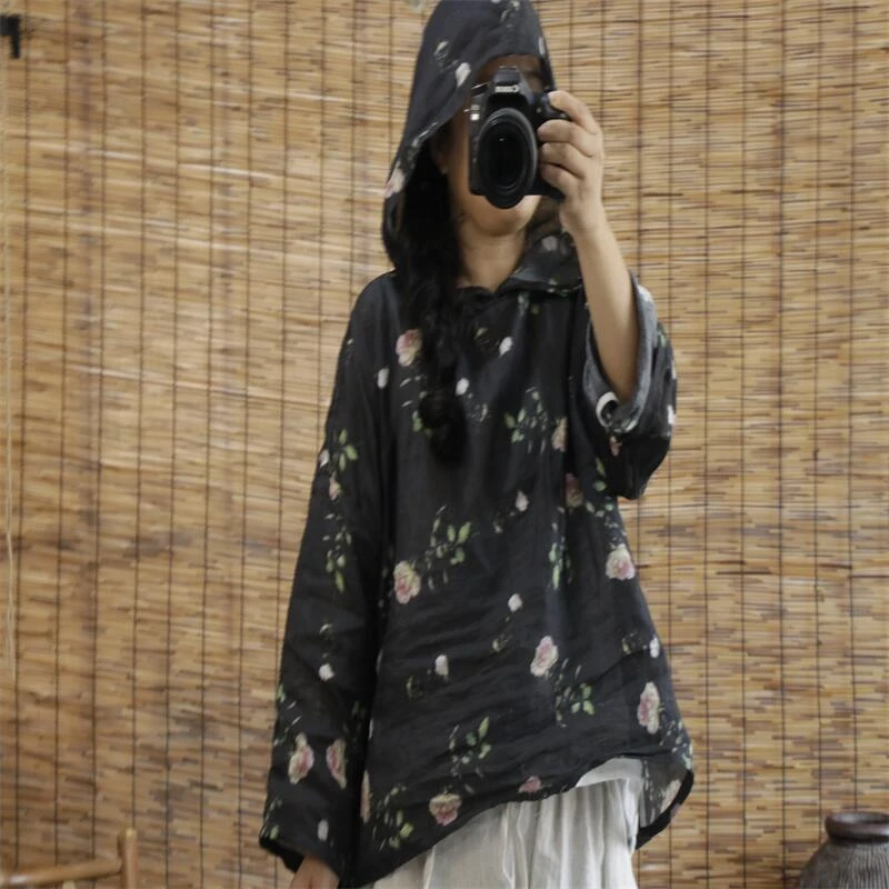 苎麻宽松上衣原创连帽衬衫数码印花文艺复古衬衫