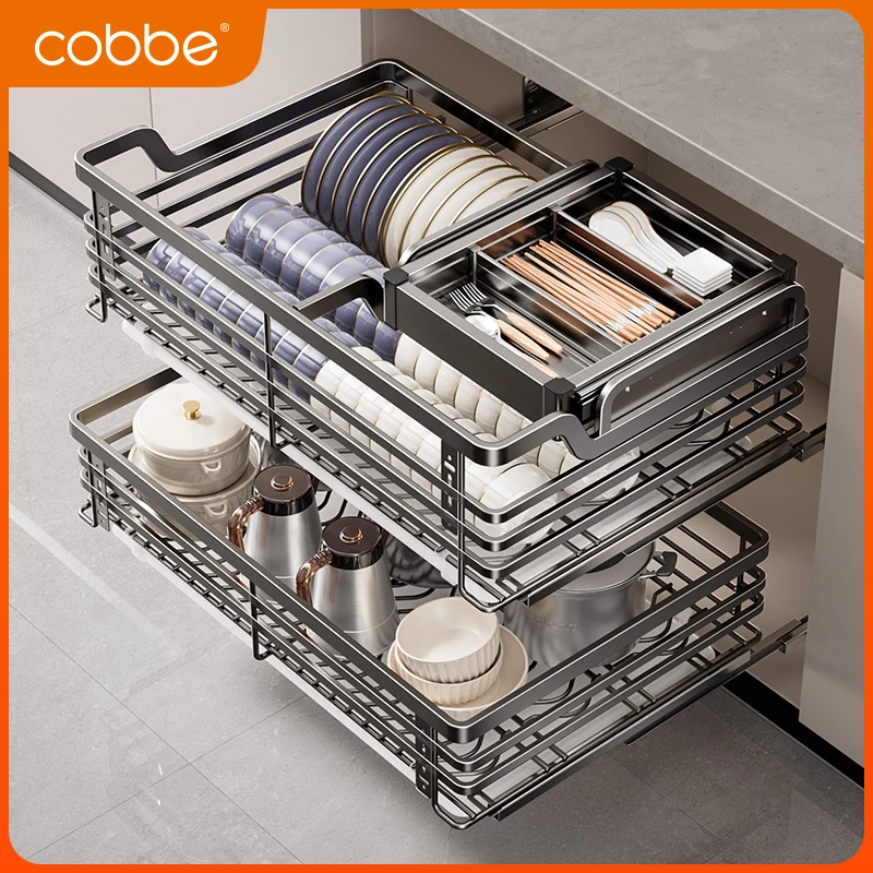 卡贝304不锈钢拉篮厨房收纳碗碟架双层拉篮抽屉式橱柜置物架拉篮