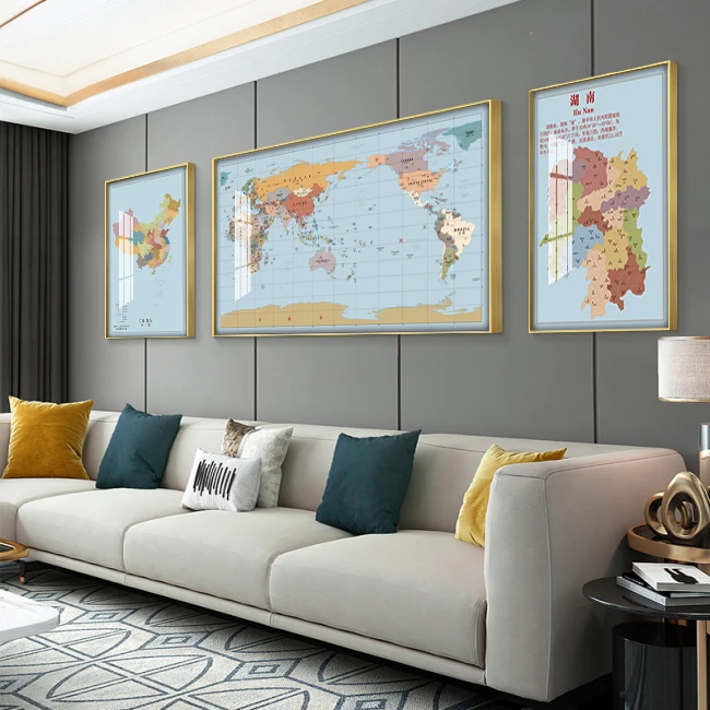 中国世界地图客厅现代装饰画沙发背景墙面挂画办公室2024三联壁画