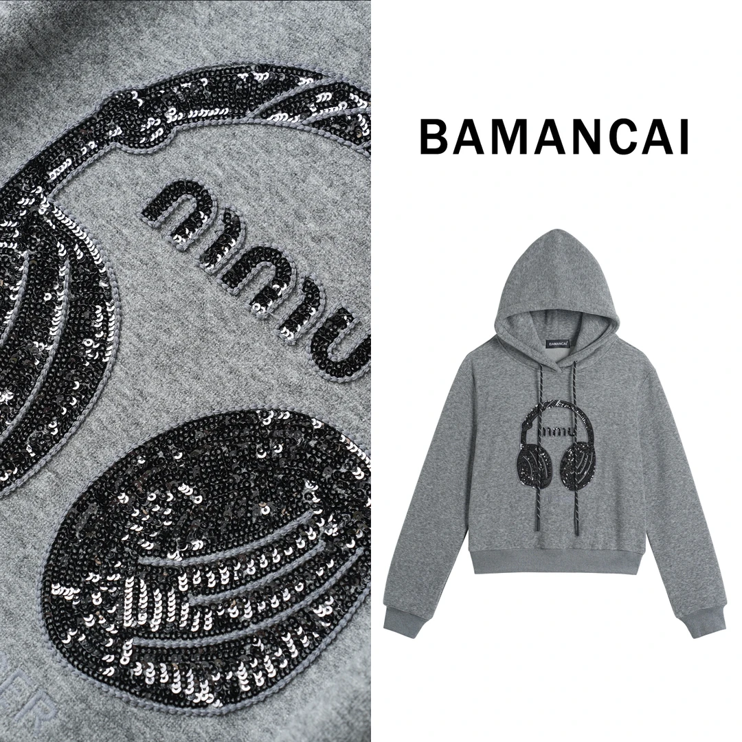 Bamancai-耳机重工珠片时尚加绒加厚洋气卫衣秋冬卫衣